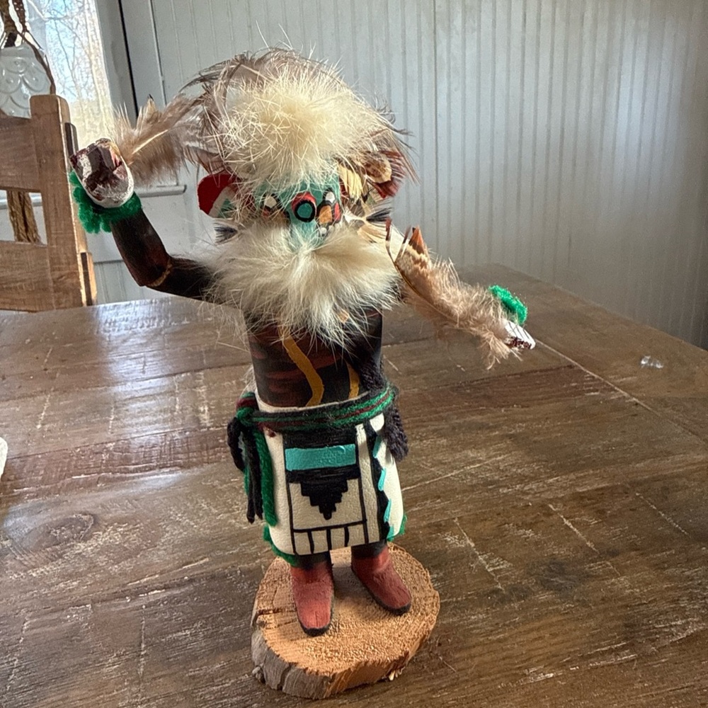 Native-style Kachina Doll Figurine in Turquoise, Black & Cream- Signed E/B